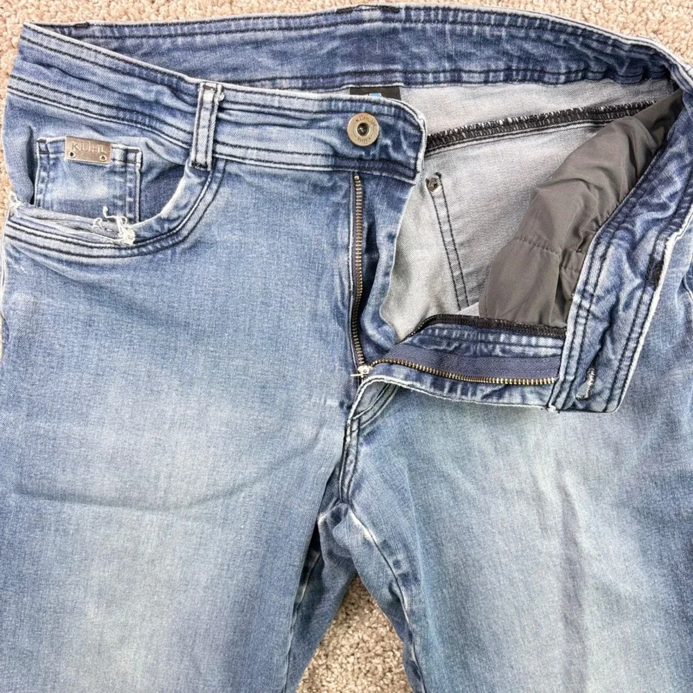 KUHL Kanvus Jean Mens 34x32 Hiking Outdoor Light Indigo Blue Straight Leg Denim